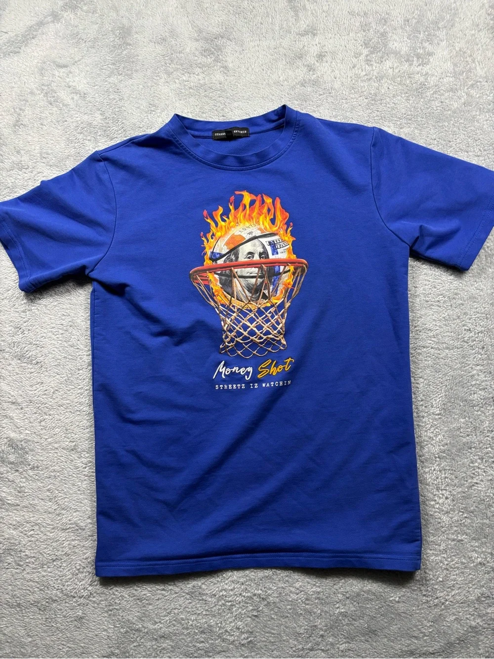 Money Shot Graphic Tee Basketball Benjamin Franklin Flame T-Shirt